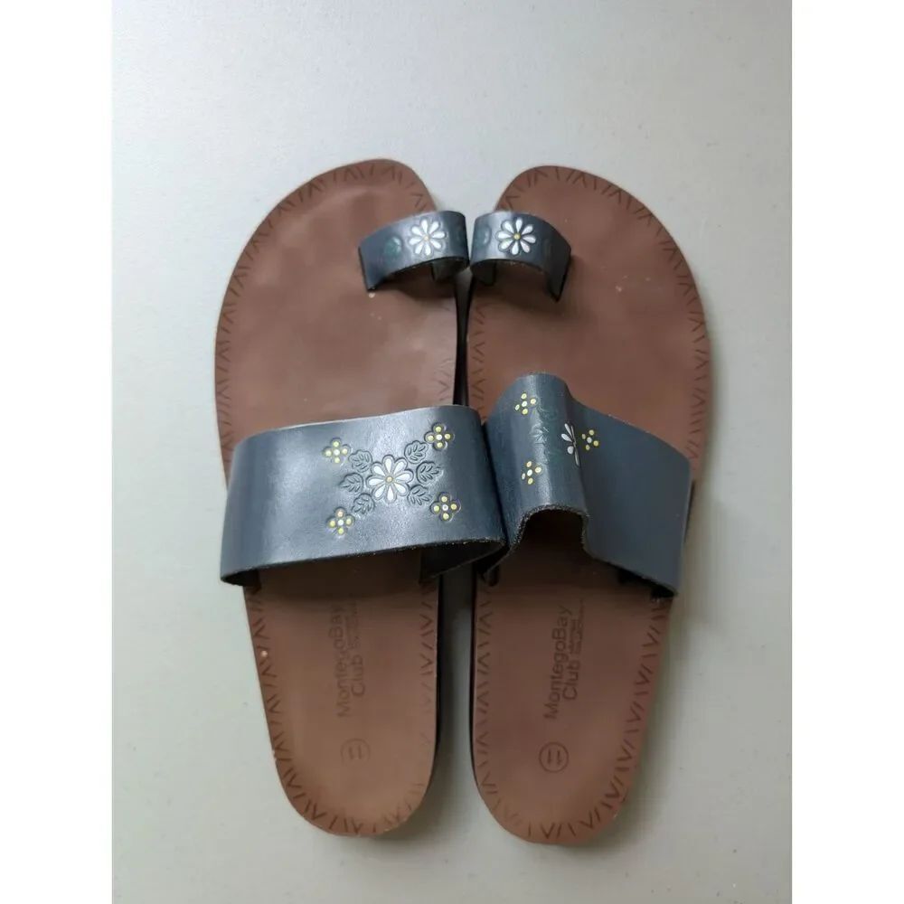 Montego Bay Club Flower Navy Leather Slip on Sandals Slides Women size 11